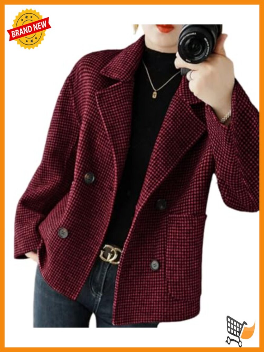 Cropped Wool Pea Coat Houndstooth Short Blazer Jacket Women